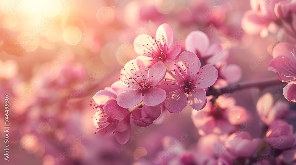 A close up of a bunch of pink flowers with sun shining through them, AI