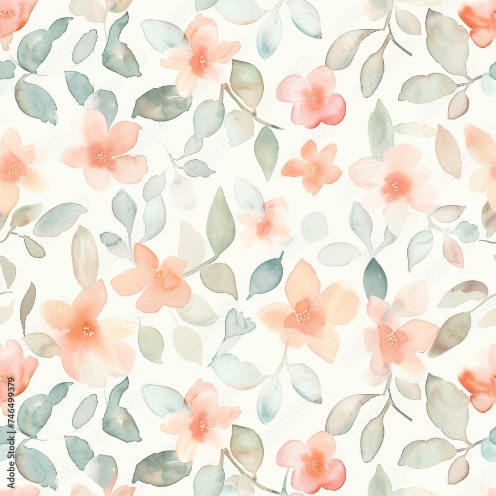 Delicate desert flowers in orangeade and pastel tones blend with verdant foliage, creating a tranquil watercolor seamless pattern.