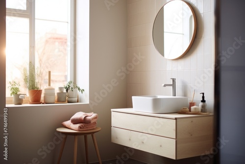 Bathroom with light-colored tile walls Washbasin and mirror And in the background is a window.