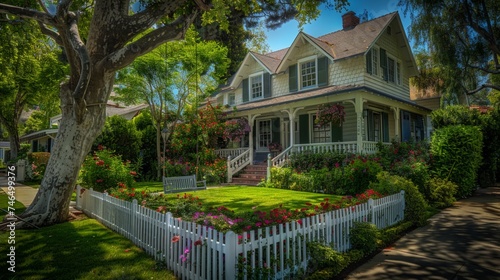A charming two-story house with a white picket fence, a vibrant front yard bursting with colorful flowers and neatly trimmed bushes, a swing hanging from a sturdy oak tree
