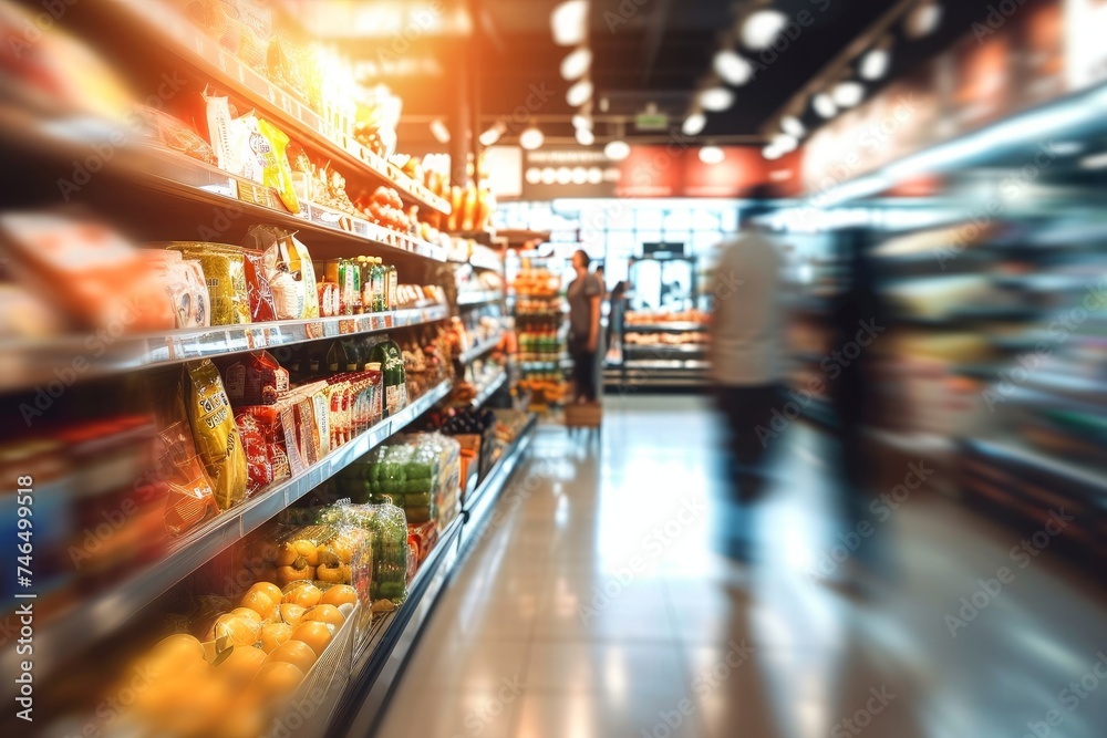 Abstract blur defocused background. Blur grocery store, supermarket, shopping mall interior with product shelves, Generative AI
