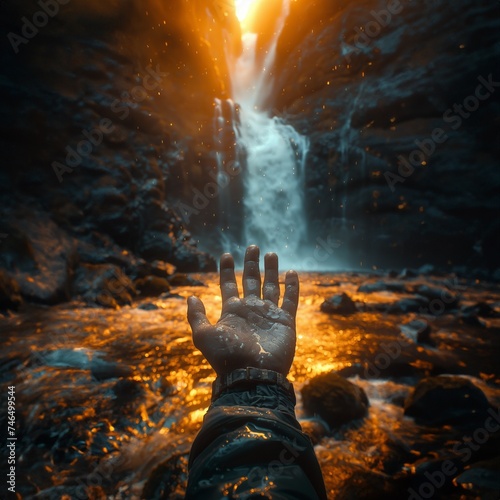 Hand greift nach Wasser mit einem schönen Wasserfall im Hintergrund, ai generativ photo