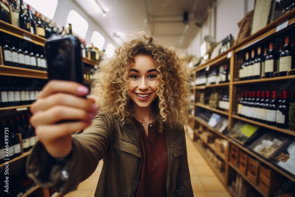 Beautiful woman holds tablet in wine market in supermarket Beautiful woman holds tablet in wine market in supermarket