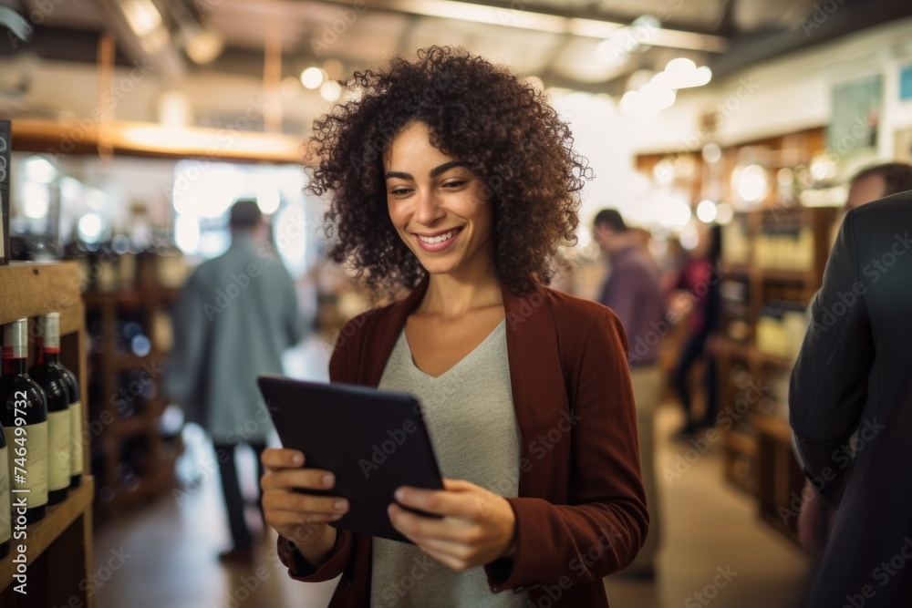 Beautiful woman holds tablet in wine market in supermarket Beautiful woman holds tablet in wine market in supermarket