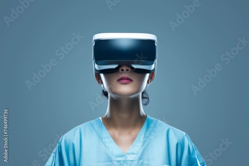 A healthcare professional stands with a neutral expression, equipped with a VR headset, poised at the intersection of medical expertise and advanced virtual technology. © Oksana Smyshliaeva