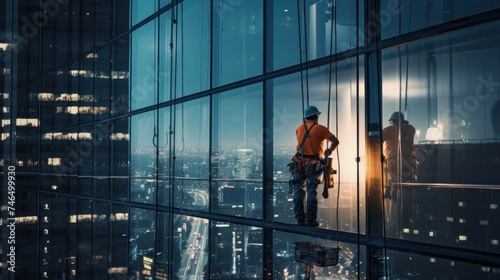 On a sunny day, a worker washes windows in a high rise office building.