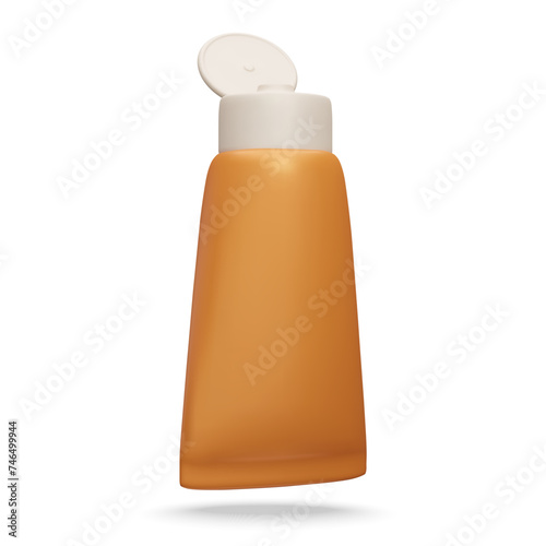 Realistic 3D sunscreen cosmetic product packaging isolated on white. Open SPF lotion bottle, summer skin care protection, sun safety sunblock cosmetic product. Realistic 3D vector illustration.