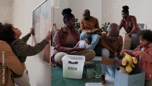 Split screen video of African American family packing stuff and hanging framed picture on wall while moving in new houseSplit screen video of African American family packing stuff and hanging framed p photo