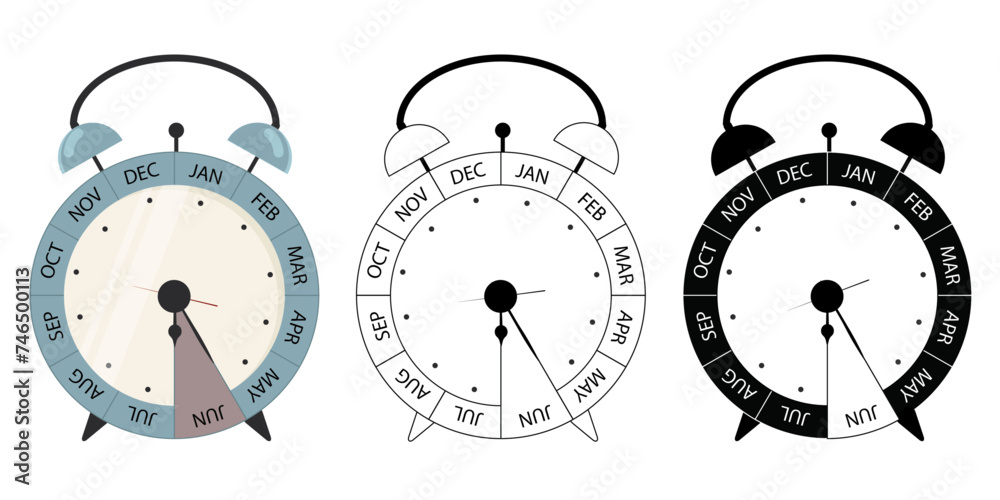Set of 12-month alarm clocks with hands pointing to June. June. June meeting. June appointment. isolated on white background. Outlines. pictogram. Time management concept. June schedule - stock vector Set of 12-month alarm clocks with hands pointing to June. June. June meeting. June appointment. isolated on white background. Outlines. pictogram. Time management concept. June schedule - stock vector