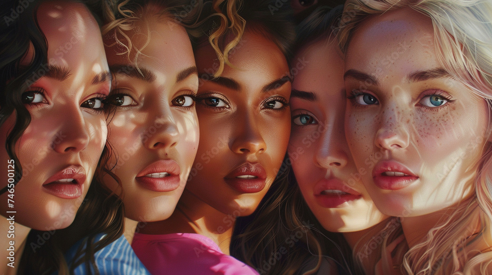 A portrait featuring a diverse group of stunning women, each showcasing natural beauty and radiant, flawless skin. Generative AI