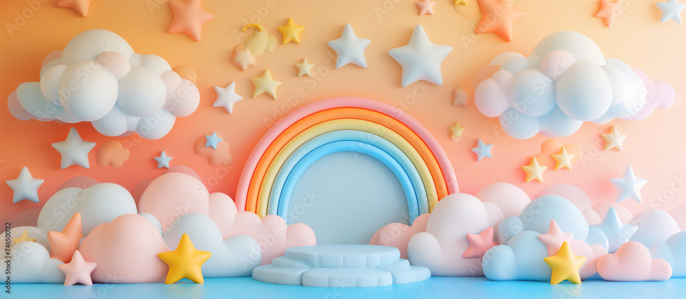 baby product display podium banner with cute rainbow