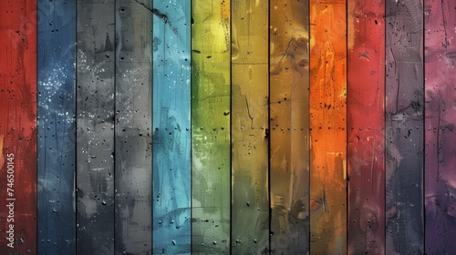A close up of a rainbow colored wood wall with holes in it, AI