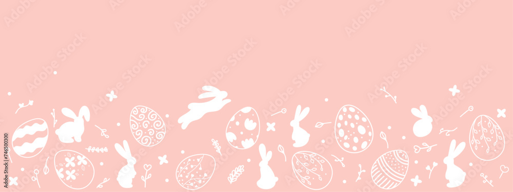 Pink banner for Easter decoration. Silhouettes of Easter bunnies and eggs in vintage style with floral elements. Unique design for the decoration of Easter goods and web use. Pink banner for Easter decoration. Silhouettes of Easter bunnies and eggs in vintage style with floral elements. Unique design for the decoration of Easter goods and web use.