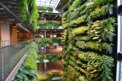 A modern building's atrium enhanced by a lush vertical garden, showcasing a blend of architecture and urban ecology. 