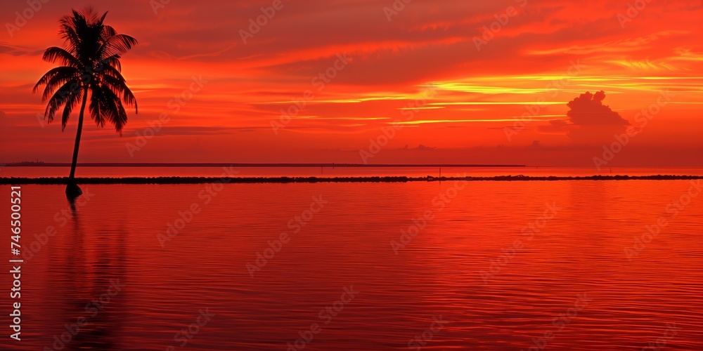 Stunning sunset behind palm tree over tranquil sea