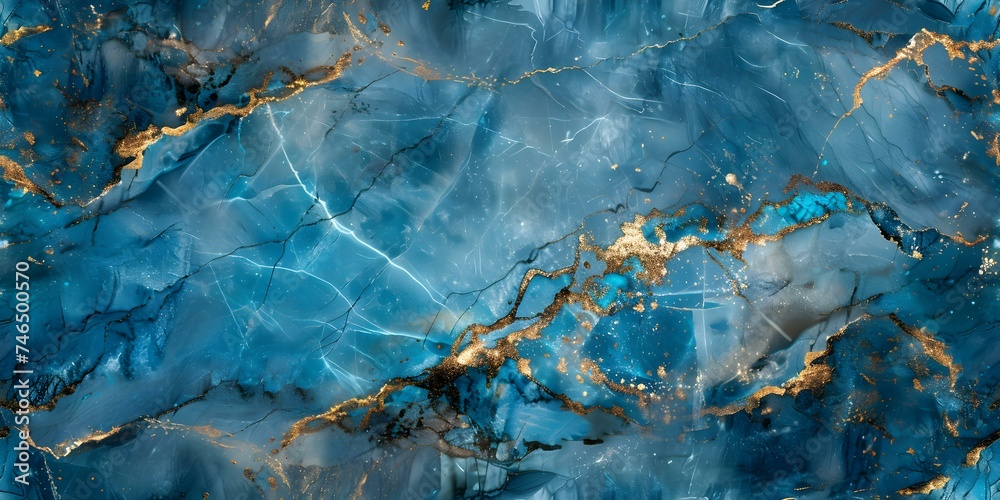 Fototapeta premium Digitally Created Seamless Background: Elegant Blue Marble Pattern with White and Gold Veins. Concept Marble Background, Blue Veins, White Striations, Elegant Design