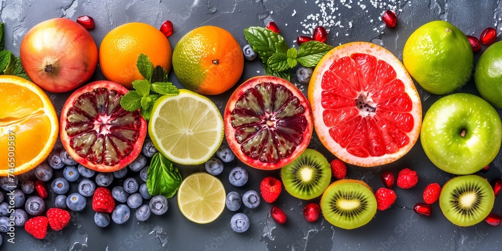 Colorful array of fresh fruits on a dark background Colorful array of fresh fruits on a dark background