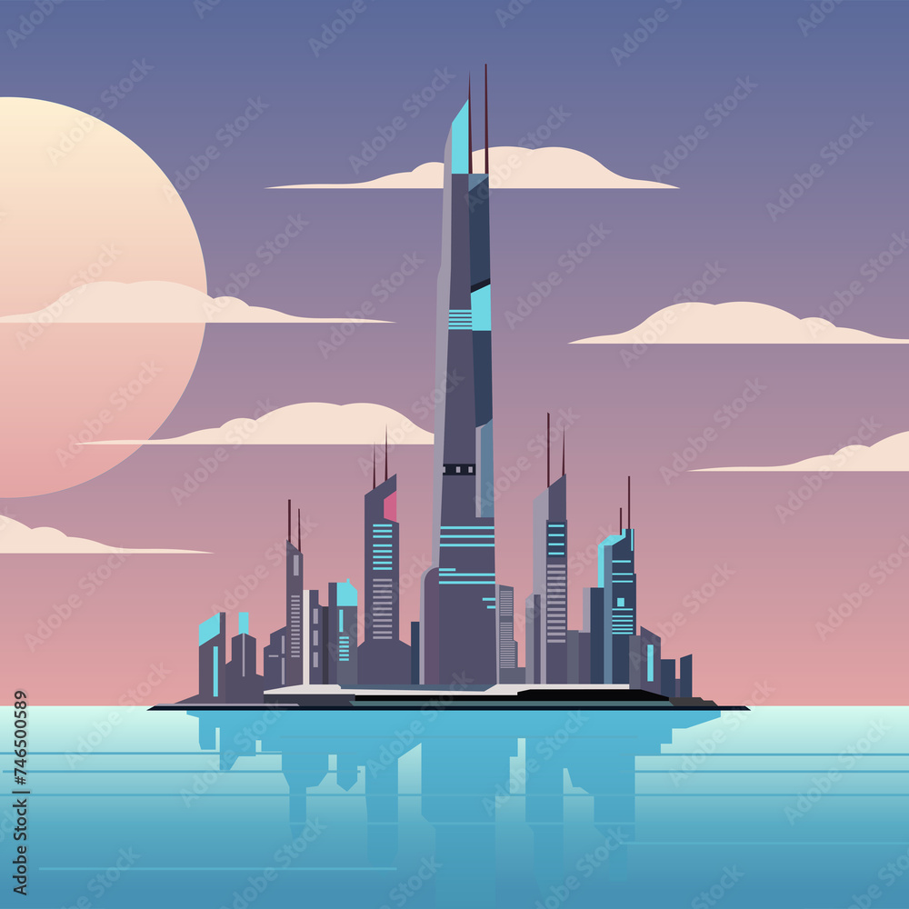 abstract future city skyline, retro illustration, flat illustration