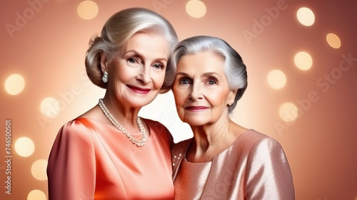 two old ladies grandmother eleganse fashion birthday party weddind shining bokeh background gray hair photo