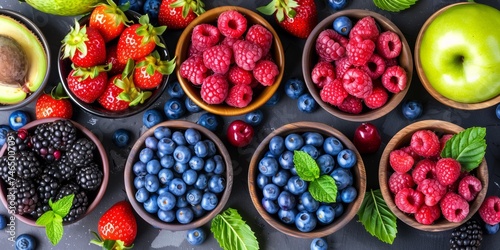 Assortment of fresh berries and fruits in bowls