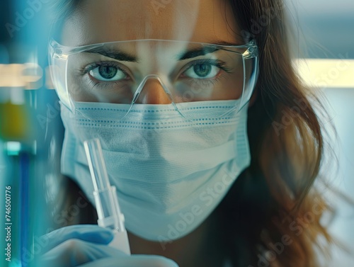 Female scientist in medical mask in medical research laboratory