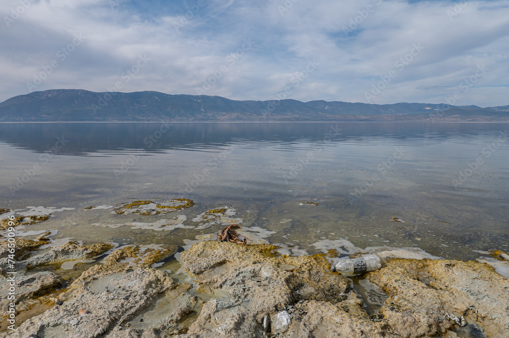 Fototapeta premium Pollution in Lake Burdur and plastic bottles thrown into the lake.