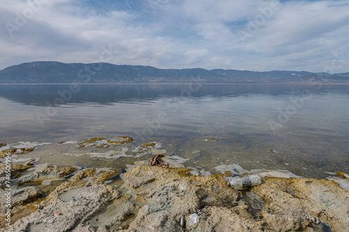Pollution in Lake Burdur and plastic bottles thrown into the lake.