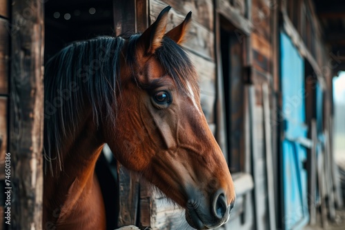 Beautiful horse in the paddock. The concept of breeding purebred animals, can be used for materials about equestrian sports, agriculture business and horse farm.
