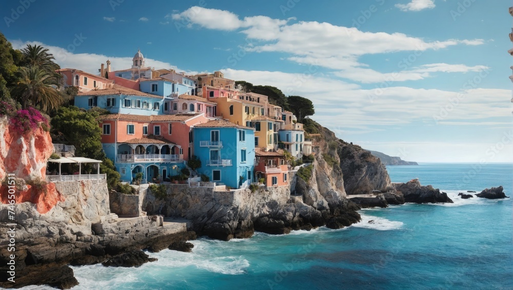 a group of houses sitting on top of a cliff next to the ocean, italian mediterranean city. 
