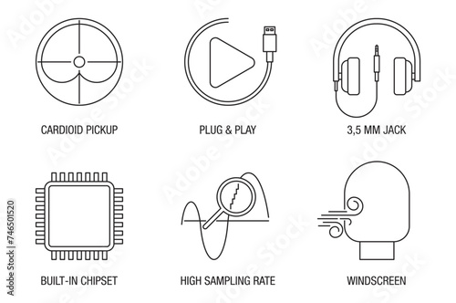 Microphone properties icons set, in thin line photo