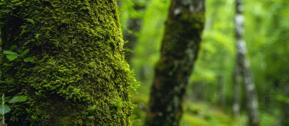 Naklejka premium Moss-covered trunks in a green forest.