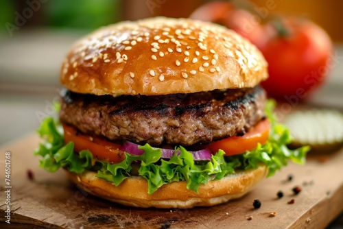 Big burger with meat, cheese, tomatoes, lettuce, onions on a dark background. The concept of small business development, fast food, unhealthy food.
