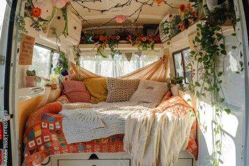 The cozy interior of the bedroom in the motorhome. Places to sleep in a camper van