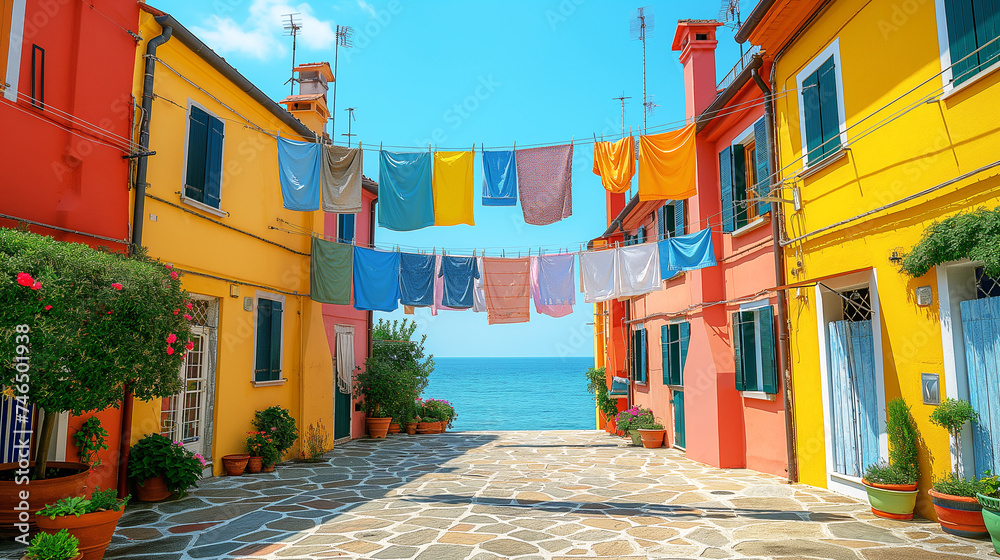 Obraz premium Drying clothes on a line across the street in an Italian town.