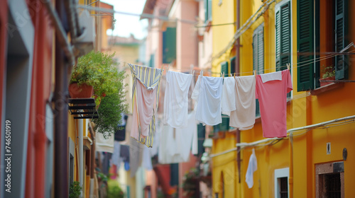 Drying clothes on a line across the street in an Italian town.