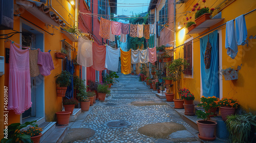 Drying clothes on a line across the street in an Italian town.