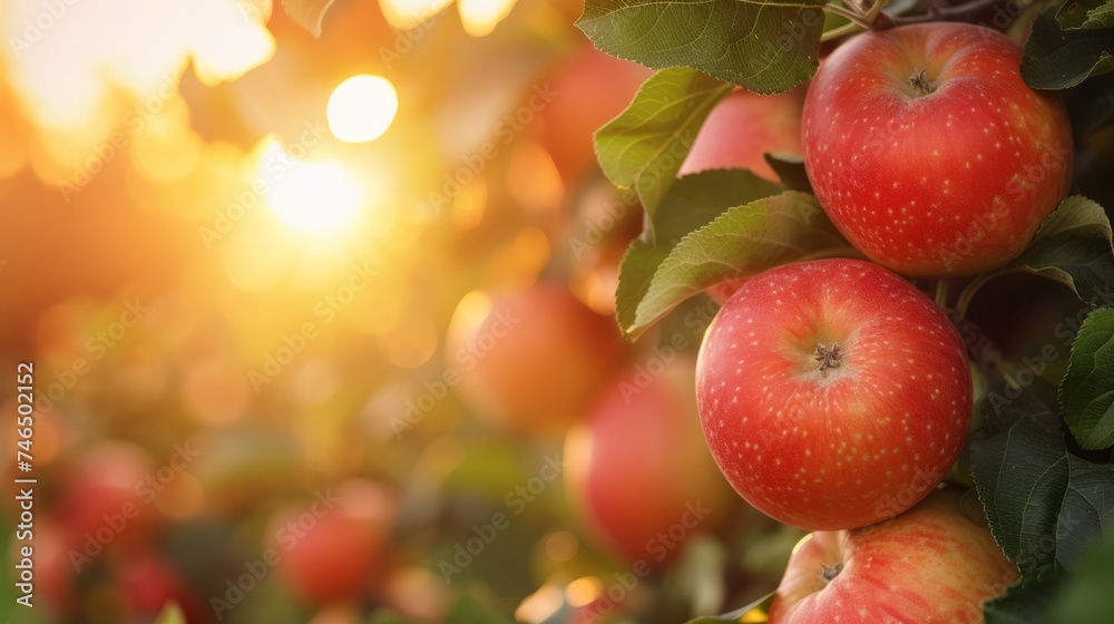 Obraz premium Harvest of ripe red apples on a branch in the garden, agribusiness business concept, organic healthy food and non-GMO fruits with copyspace, close-up 
