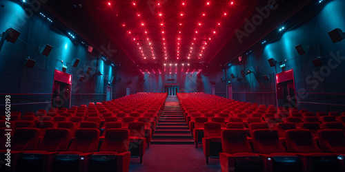 Cinema auditorium with red chairs . photo