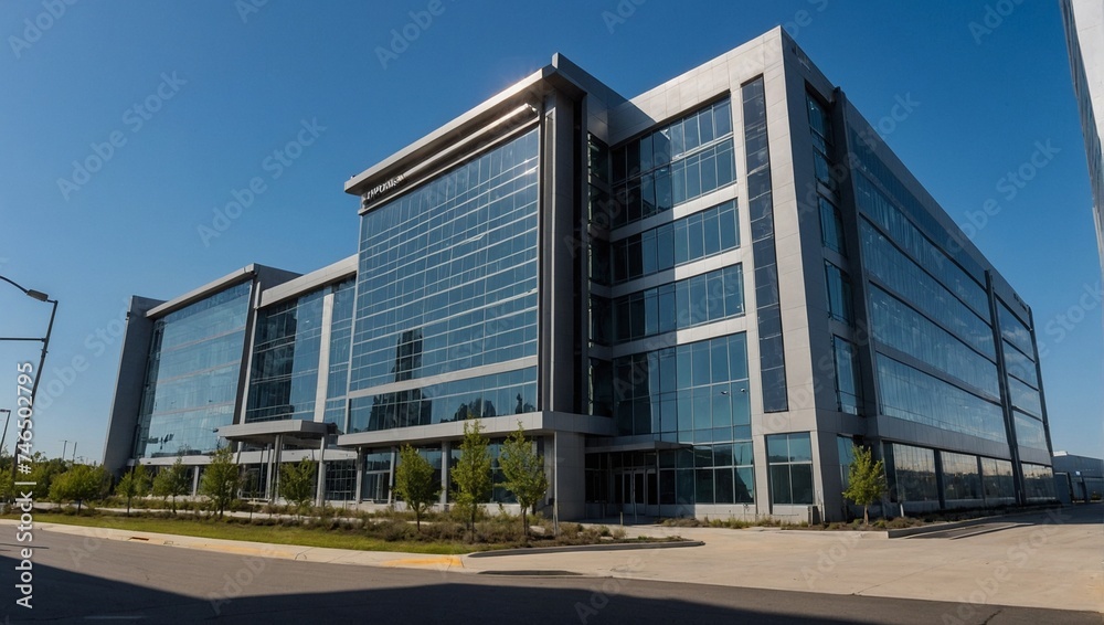Modern office or factory building exterior view with clear blue sky in the background.
