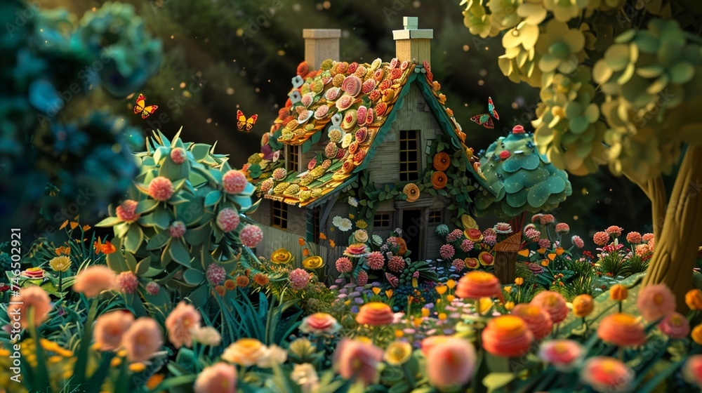 An idyllic cottage nestled within a vibrant flower garden, bursting with blooms of various colors and sizes, butterflies fluttering around