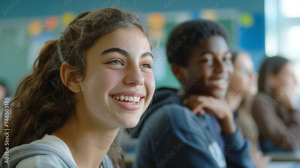 Happy Teenage Students Engaging Actively in Classroom Learning Activities at High School