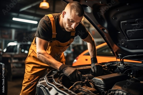 A mechanic working on a car in a repair shop. Concept of automotive service and maintenance.