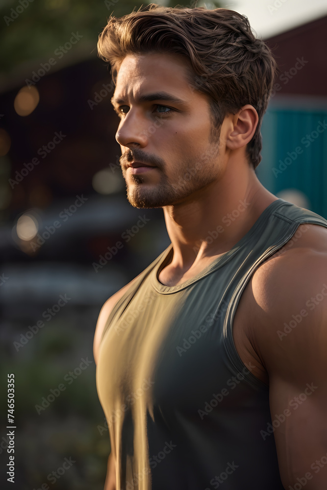 Man in Tank Top Gazing Into the Distance in Thought. Generative AI. Man in Tank Top Gazing Into the Distance in Thought. Generative AI.