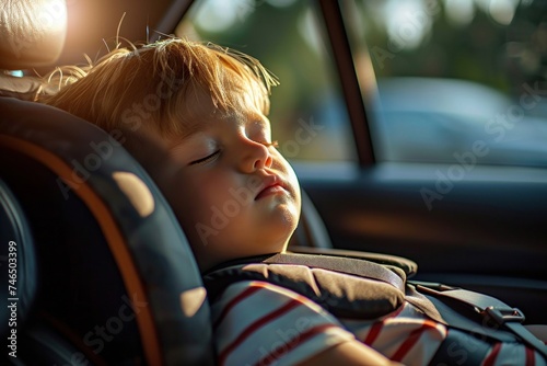 Child sleeping in car seat inside the car. Kid is left alone in car on a hot summer day. Negligence, irresponsibility, overheating concept, Generative AI photo
