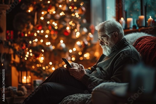 Solitude, loneliness during Christmas holidays. Eldery man sitting on sofa near decorated Christmas tree at home. Lonely senior man celebrating Christmas alone, looking to smartphone, Generative AI