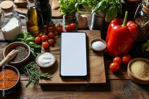 Food delivery, Italian food, food recipes app concept. Smartphone and cooking ingredients, spices on wooden table. Blank cell phone screen mockup, Generative AI