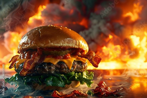 A succulent burger topped with melting cheddar cheese crunchy bacon and lettuce against a dramatic blazing backdrop