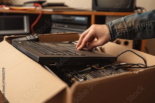 Woman hands put old laptop computer in cardboard box with old used tech gadget devices for recycling. Planned obsolescence, e-waste, electronic waste for reuse, refurbish, recycle, Generative AI