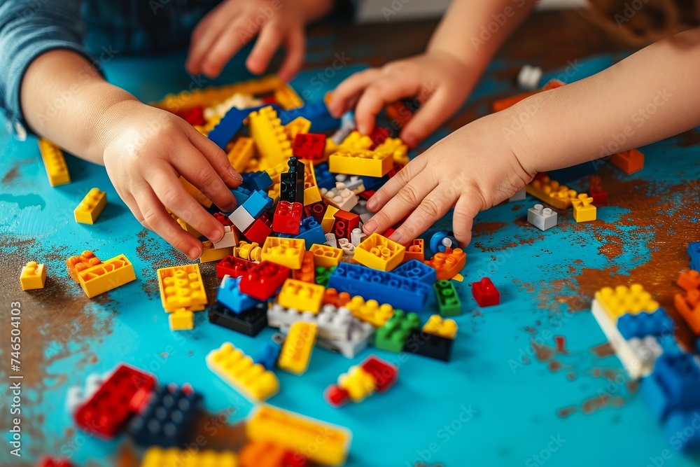 Naklejka premium Vilnius, Lithuania - February 23, 2019. Children hands play with colorful lego blocks on the table, Generative AI