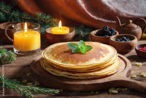 A large stack of Russian pancakes with jam or caramel. A traditional dish of Russian cuisine.